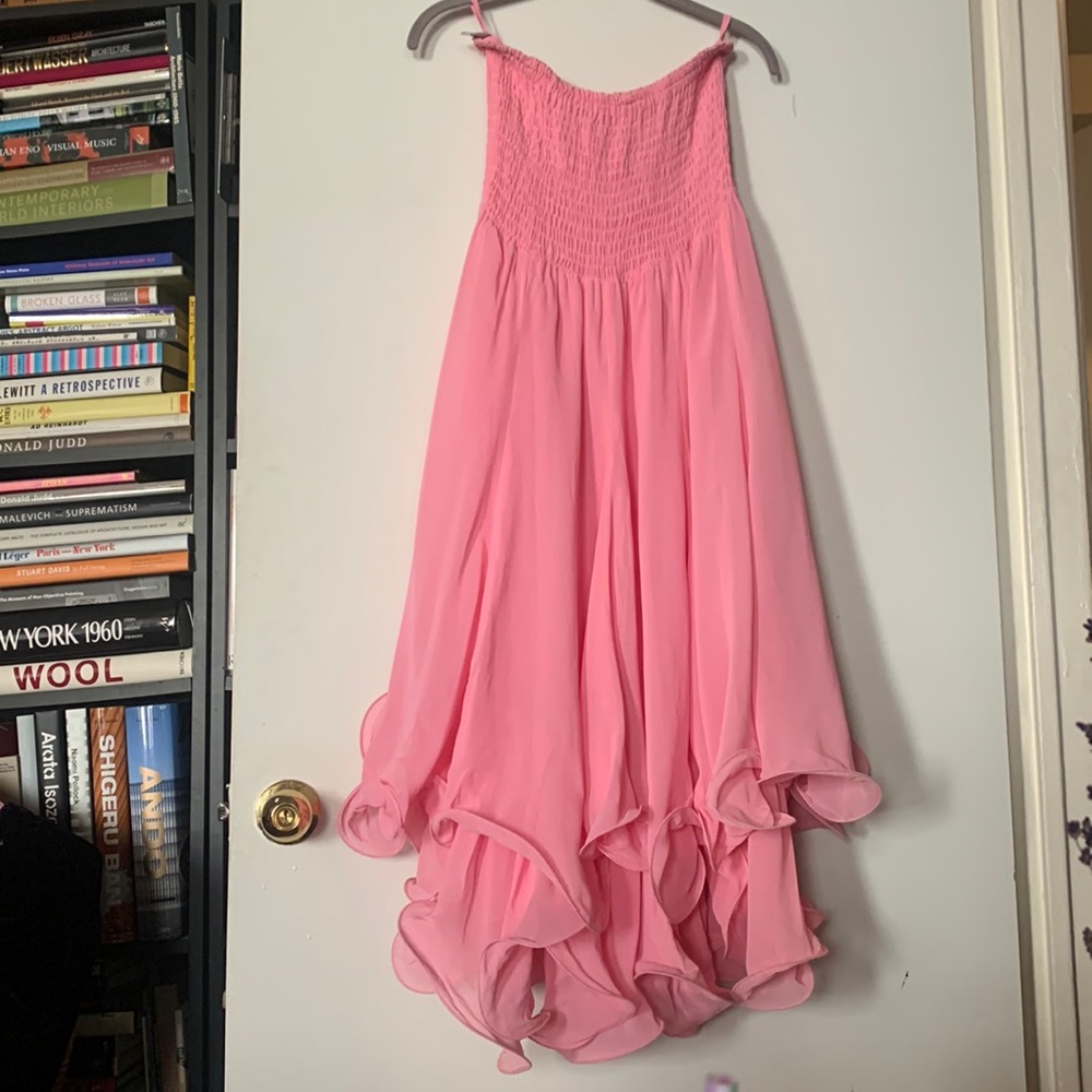 Pink strapless ruffle midi dres